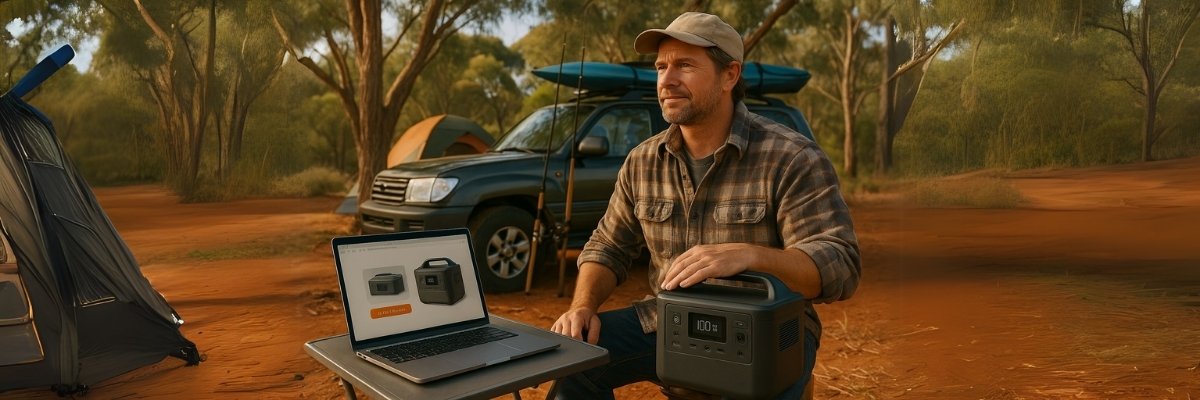 Rugged Australian man shopping online for a portable power station at a bush campsite, with 4WD, fishing rods, and tent in the background