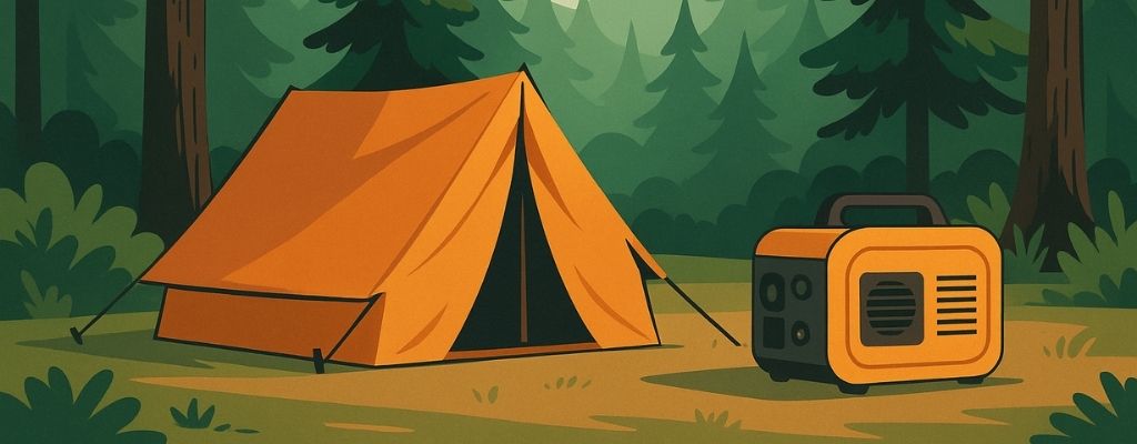Illustration of a campsite in a forest with an orange tent and a portable generator surrounded by pine trees