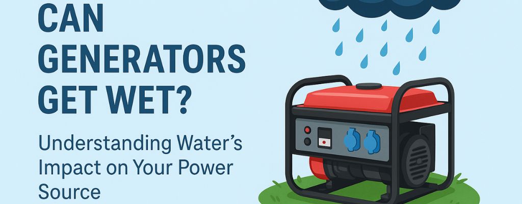 Illustrated cover image showing a portable generator in the rain with text asking if generators can get wet.