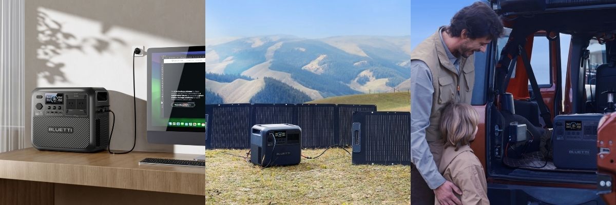 Portable power station charging via AC, solar panel, and car adapter