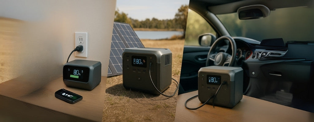 Portable power station charging via AC, solar, and car methods