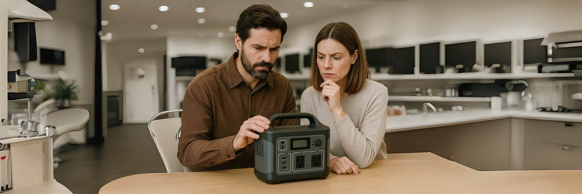 Concerned couple evaluating features on a portable power station in a retail setting