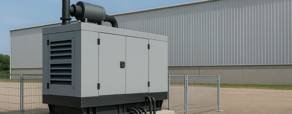 Large industrial generator outside a modern warehouse on concrete base with clear sky