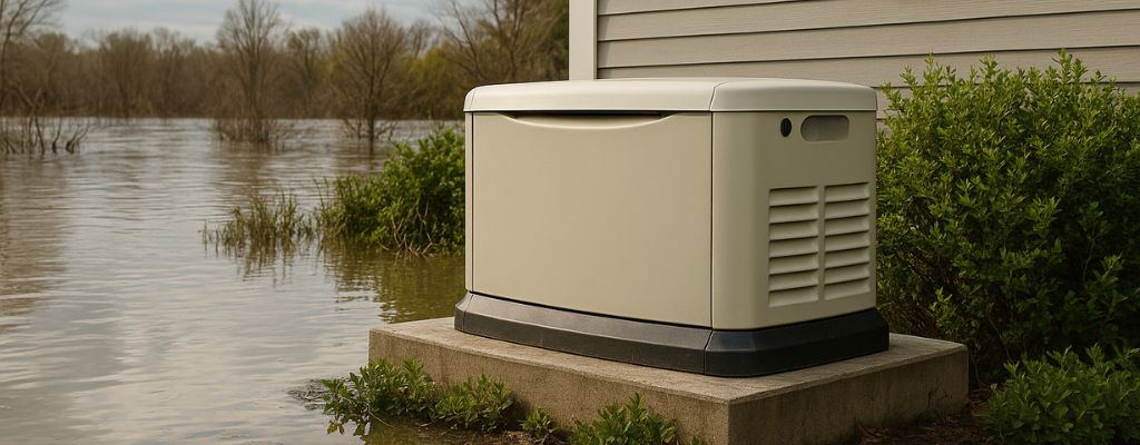 Standby generator elevated on a concrete platform beside a home during flood conditions
