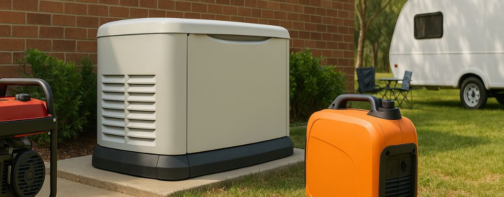 Portable, standby, and inverter gas-powered generators displayed outdoors beside a suburban home and caravan.