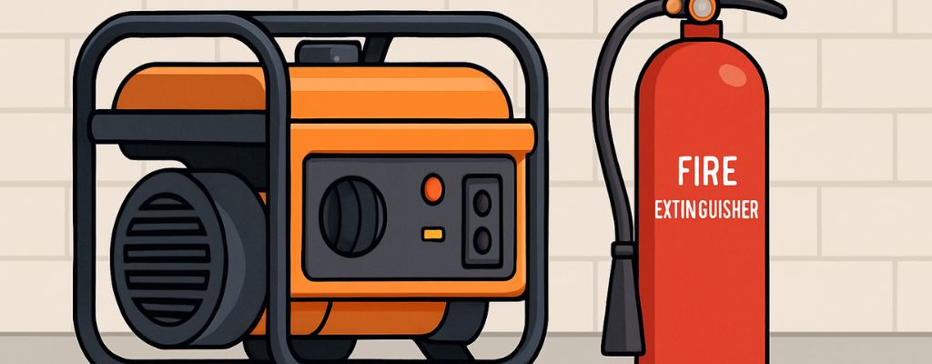 Portable generator and red fire extinguisher placed on a concrete floor against a beige brick wall, no text shown.