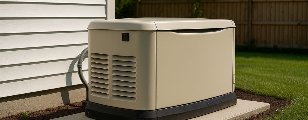 Standby generator installed beside a suburban home on a concrete pad with neat landscaping