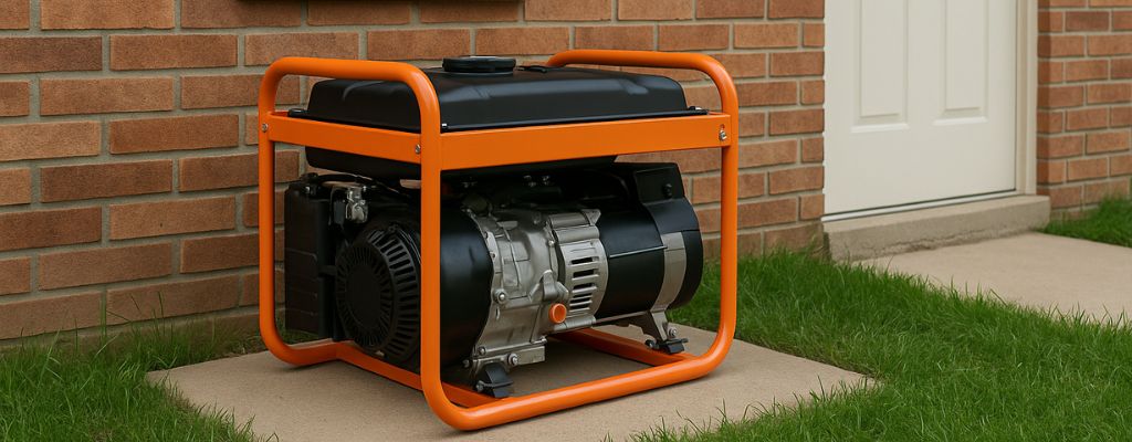 A portable generator with an orange frame placed on a concrete slab beside a brick house, surrounded by green grass on a cloudy day.