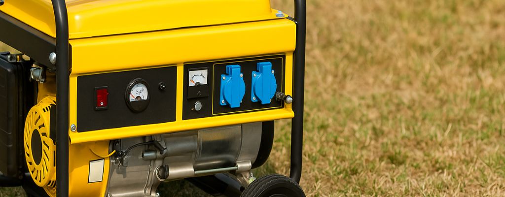 Portable generator outdoors on dry grass in an Australian suburban setting