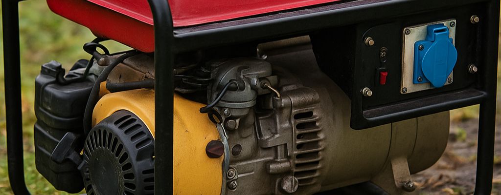 Portable generator with red tank sitting on grassy ground, no text