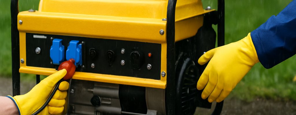 Portable yellow generator in the rain with people wearing gloves plugging it in on wet pavement.