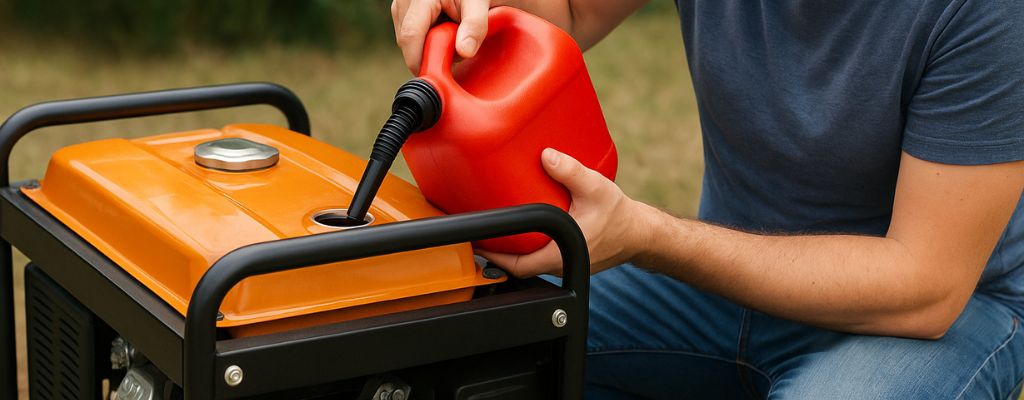 A man refuelling a portable generator with a red fuel can on grass