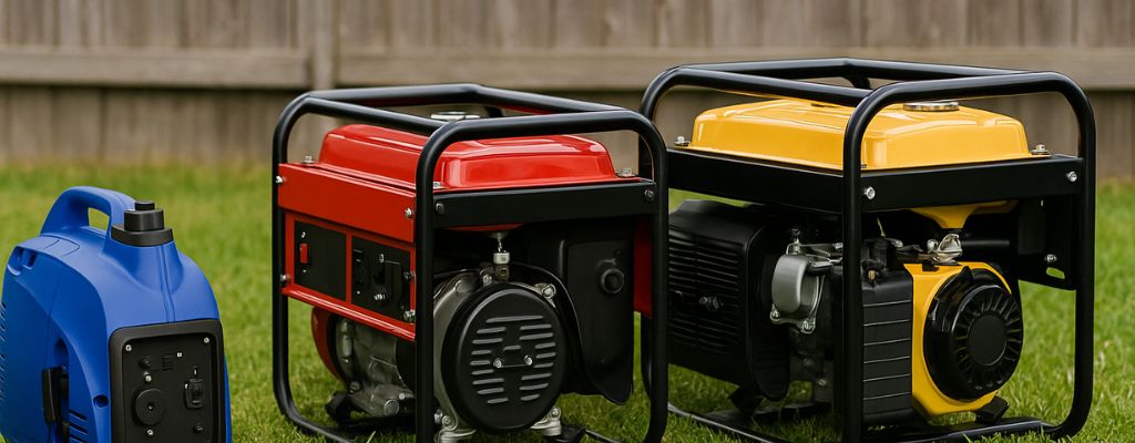 Three different coloured portable generators on green grass in front of a timber fence.