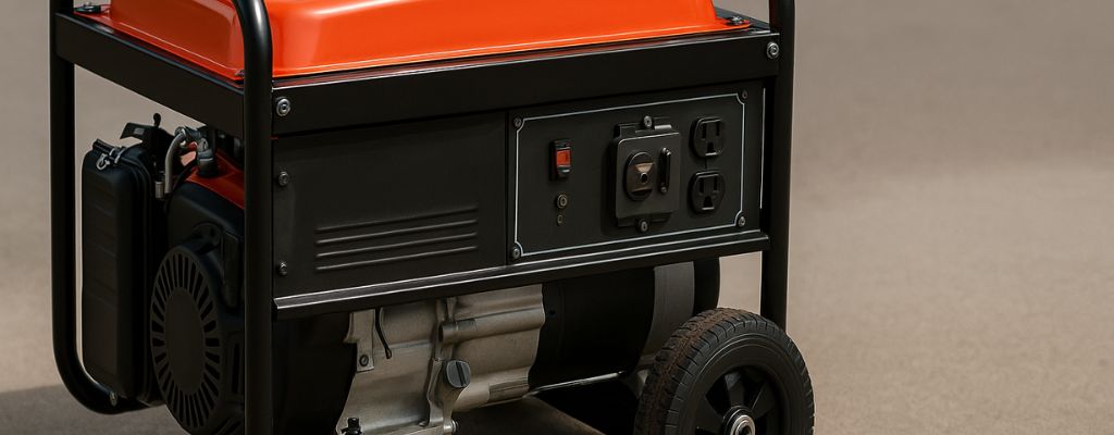 A portable gas-powered generator on a concrete surface with an orange fuel tank and black frame, positioned outdoors with a plain background.