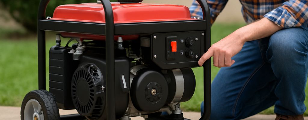 A person starting a portable generator on a concrete surface with grass and trees in the background.