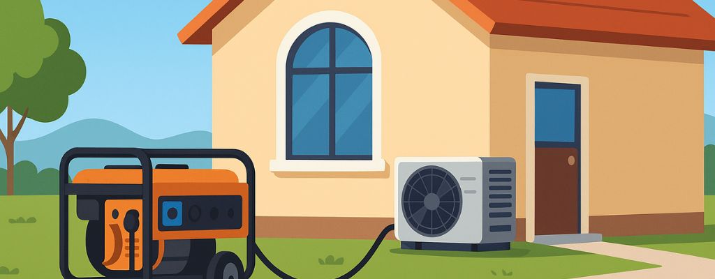 Illustration of a suburban house with a portable generator powering an outdoor air conditioner under clear skies