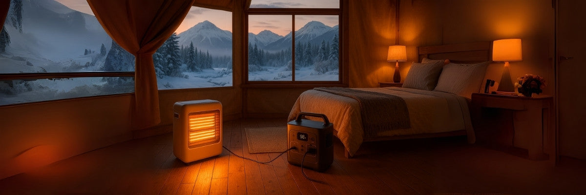 Cozy cabin with space heater powered by portable power station