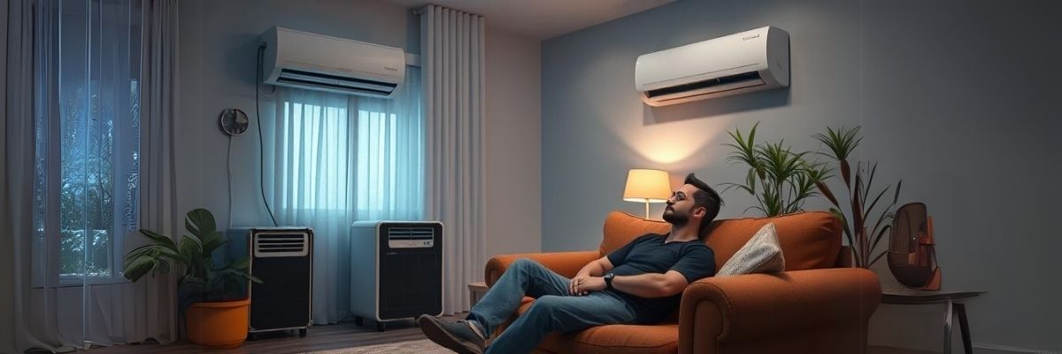 An indoor setting showing a comfortable, cool environment with air conditioning