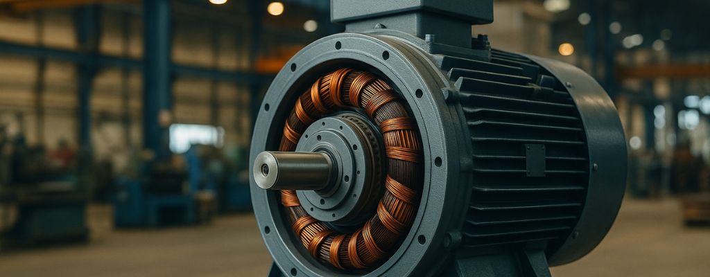 Industrial DC generator displayed inside a factory, suitable as a cover image.