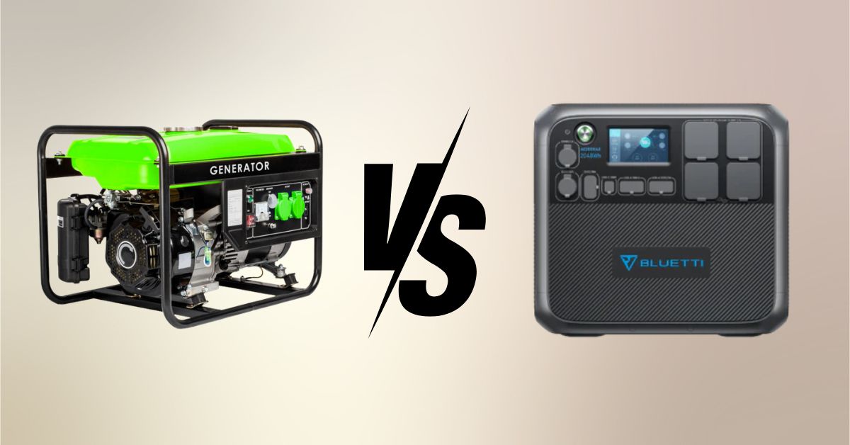 Side-by-side comparison of a portable generator and a portable power station, highlighting differences in design, functionality, and power source.