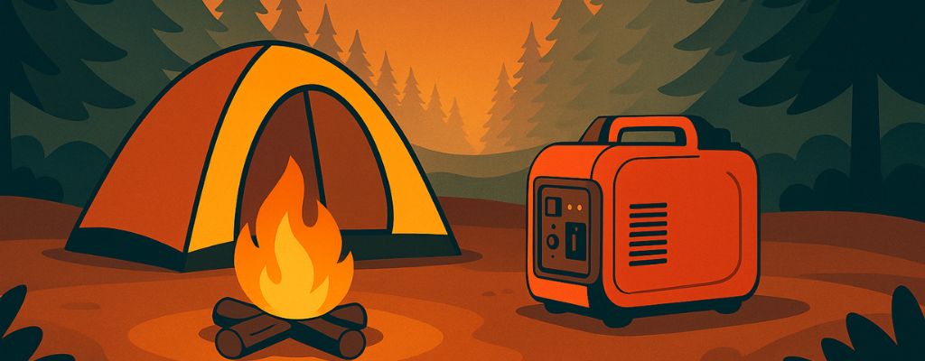 Camping scene at twilight with a tent, campfire, and inverter generator in the forest.