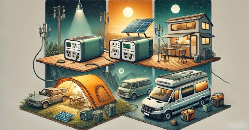 A visually distinct collage illustrating four different portable power station charging methods: indoor wall outlet use, solar charging at a campsite, a van life setup, and generator backup for emergencies.