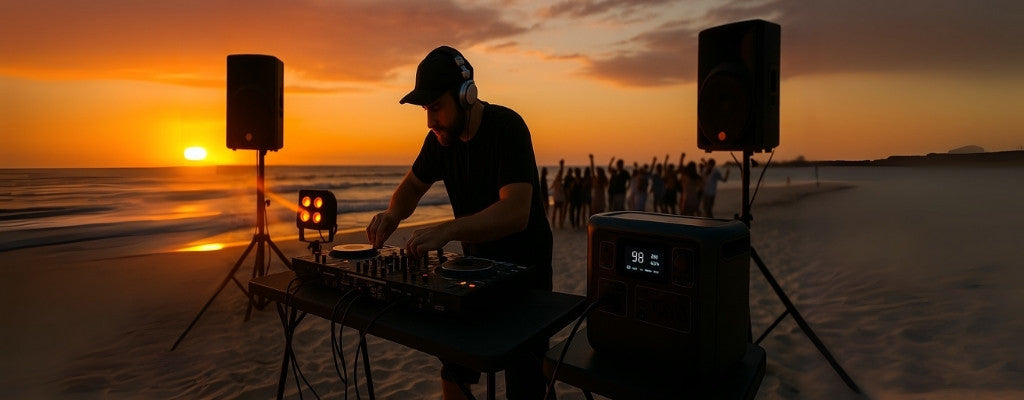 Outdoor DJ setup at sunset with portable power station and dancing crowd
