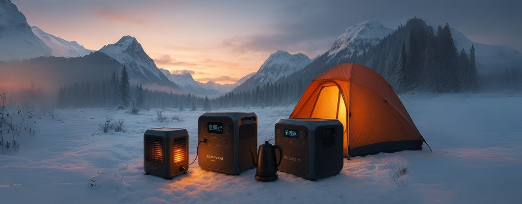 EcoFlow and Bluetti powering tent and heater in snowy Australian landscape