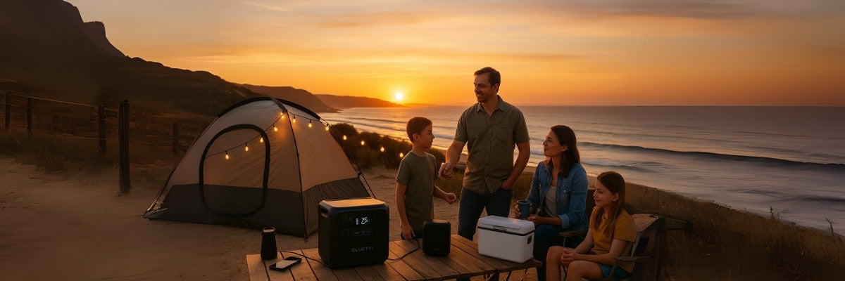 Family camping at Australian coastal site with Bluetti powering gear