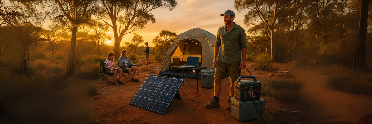 A family camping in the Australian outback using a portable power station and solar panel to power lights, devices, and a remote workstation