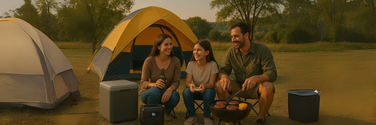 Family camping with portable power station running fridge during barbecue