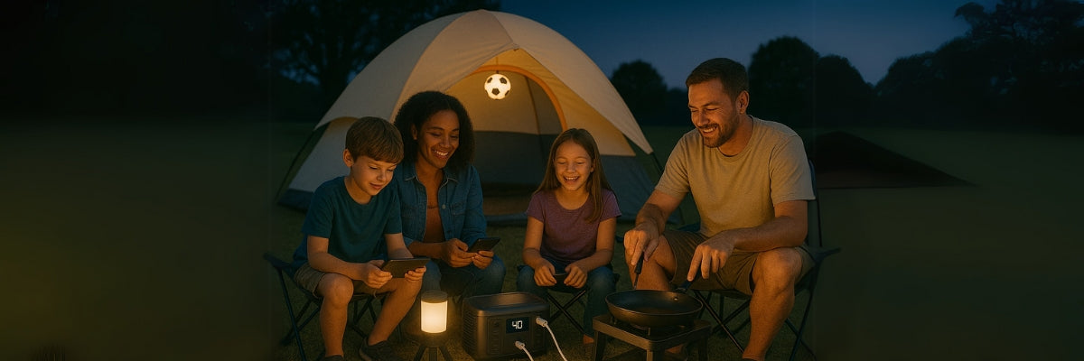 Family enjoying night camping with power station lighting and device charging
