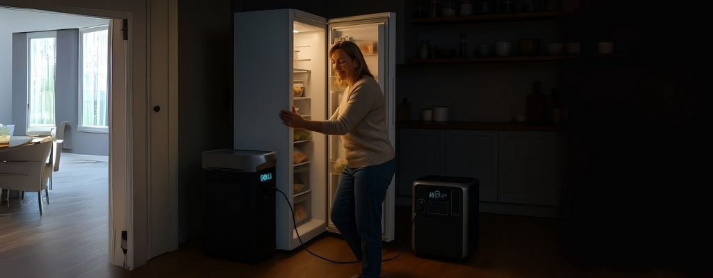 Australian woman checks upright freezer powered by portable generator during blackout