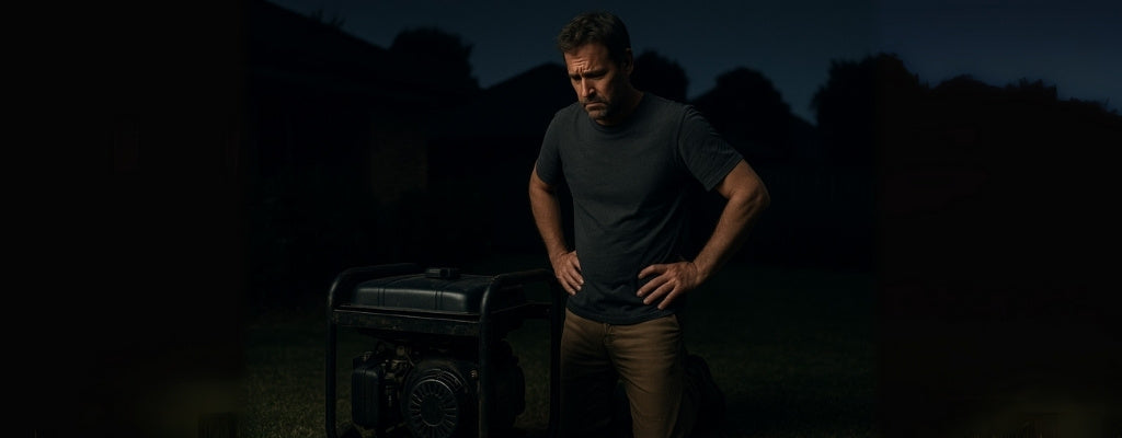 Frustrated man with broken generator during backyard blackout