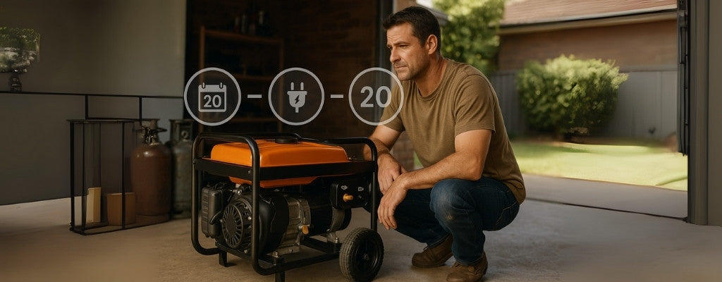 Rugged Aussie man with portable generator, 20-20-20 maintenance overlay