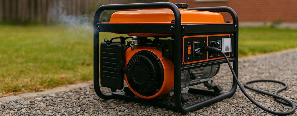 Portable generator running on gravel in a backyard near a brick house