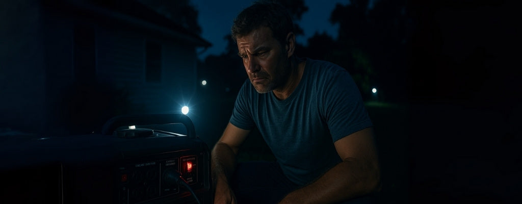 Rugged Australian man checks generator breaker during blackout