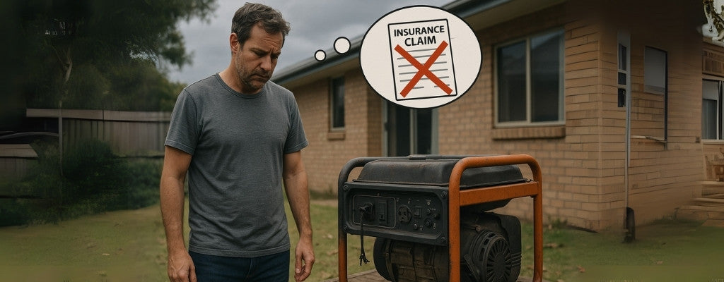 Rugged man inspecting burnt out generator backyard insurance regret