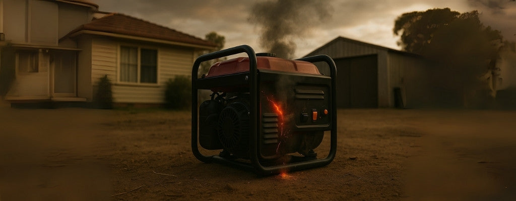 Outdoor generator with glowing crack smoke and sparks in Australian backyard
