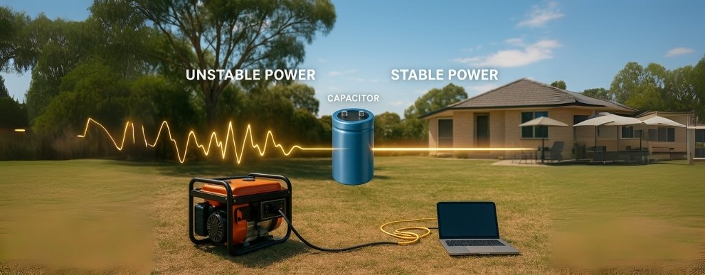 Generator capacitor turning unstable jagged power into smooth stable flow