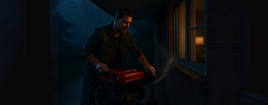 Rugged Australian man setting generator too close to window at night