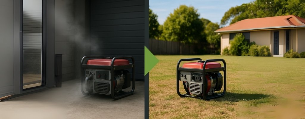 Split-screen showing portable generator running dangerously in garage with fumes versus safely placed outdoors in open Australian backyard