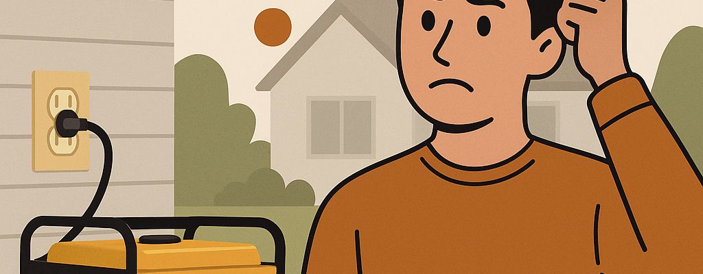 Illustration of a confused man standing next to a plugged-in generator outside a suburban house, with no text or labels visible.