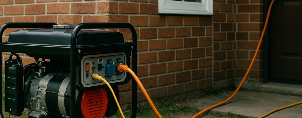 Portable generator powering a brick house with extension cords during the day.