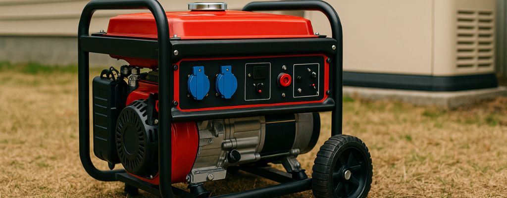 Portable and standby generators displayed outdoors near a suburban home