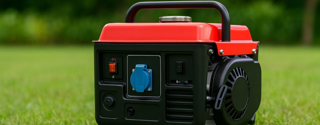 A compact red-and-black portable generator placed on lush green grass with soft-focus trees in the background, ideal for a clean cover image.