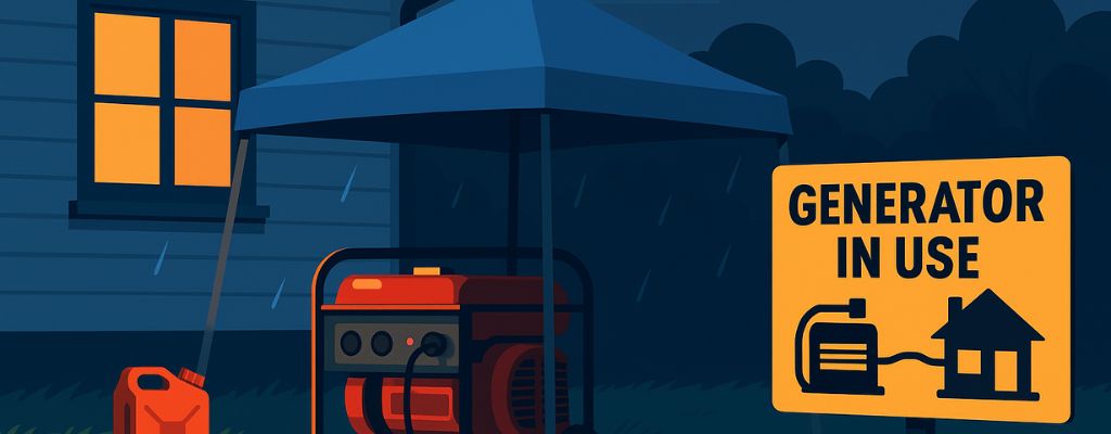 Backyard at night with a red portable generator running under a canopy beside a home, with a “Generator in Use” sign visible.