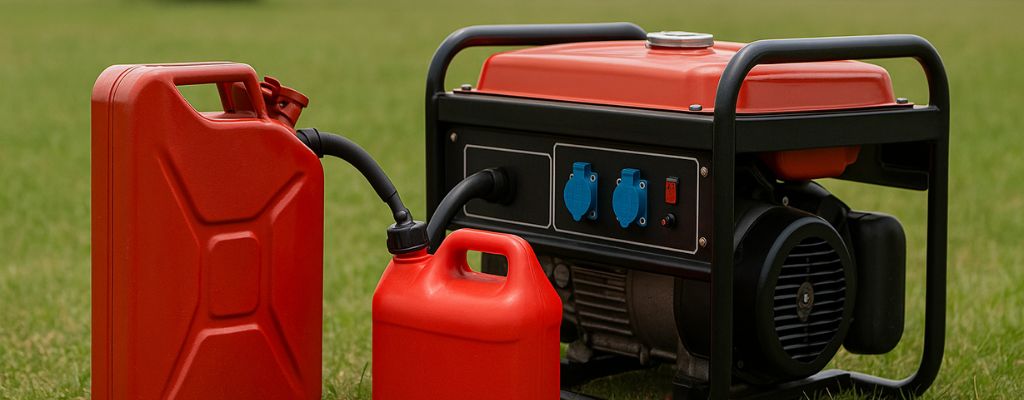 Portable generator with fuel cans connected in the Australian outback, wide panoramic view
