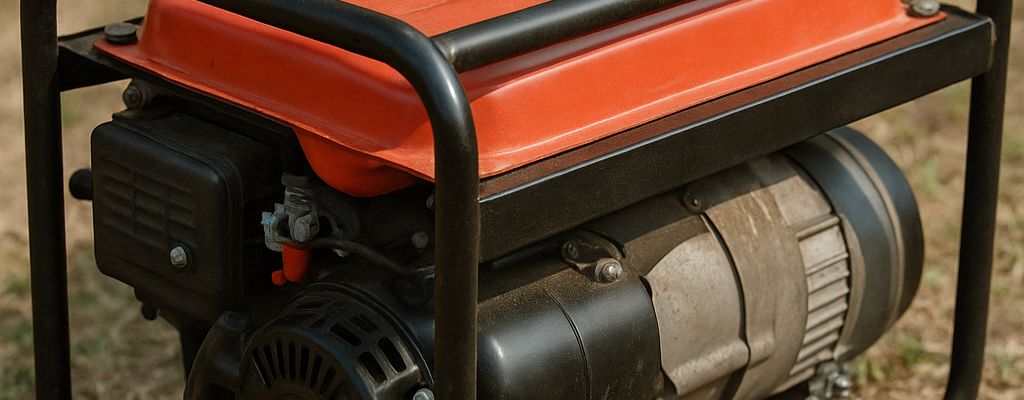 Portable generator outdoors on grass with a red fuel tank, photographed in natural light for a troubleshooting guide cover image