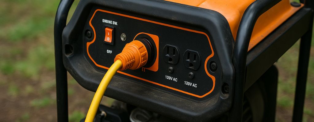 Wide cover image of a portable generator outdoors with a heavy-duty extension cord connected on grassy ground